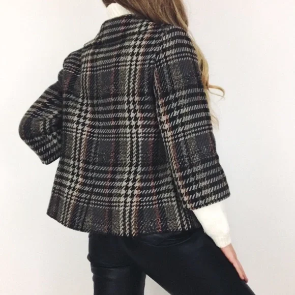 Classiques Entier Cropped Houndstooth Plaid Wool Jacket Retro Boho Brown - Picture 7 of 13